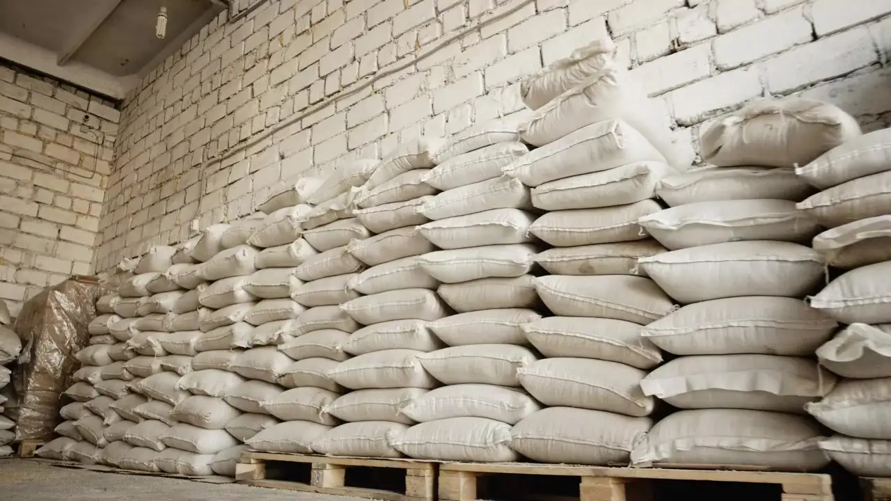 White polypropylene woven sacks stacked on pallets in a warehouse